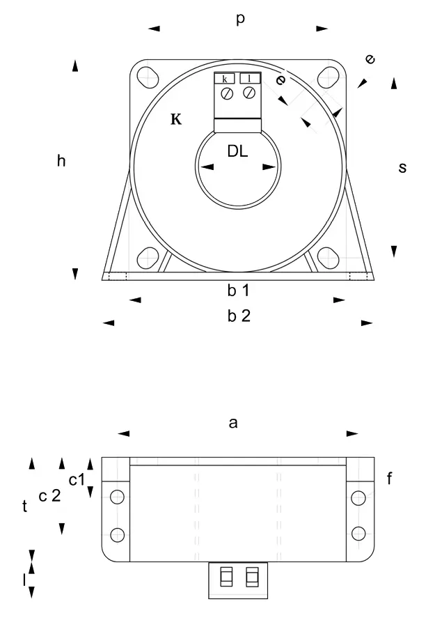 Disegno tecnico: Trasformatore di corrente passivo serie IN